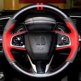 custom leather carbon fiber hand sewn steering wheel cover sports style For Honda Civic