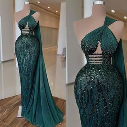 Dark Green Mermaid Evening Dresses Sleeveless Deep V Neck 3D Lace Cape Beaded Floor Length Appliques Sequins Beaded Celebrity Plus Size Party Gowns Prom Dress