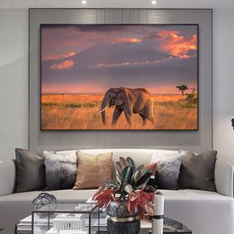 Canvas Painting Afrian Elephant Sunset Oil Scandinavian Posters and Prints Cuadros Wall Art Pictures For Living Room