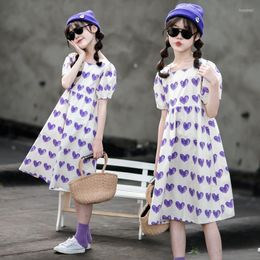 Girl Dresses 4 To 16 Years 2022 Girls Summer Dress Kids Clothes Teen Children 100% Cotton Heart Pattern Short Sleve #6081