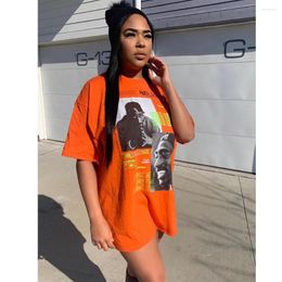 Women's T Shirts OMILKA Character Printed Shirt 2022 Summer Women Short Sleeve O Neck Gothic Punk Hip Hop Orange Black Casual Street