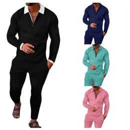 Autumn New Polos Tracksuits para homens de manga longa Slim Fit Zipper Lapeel Polos Camise