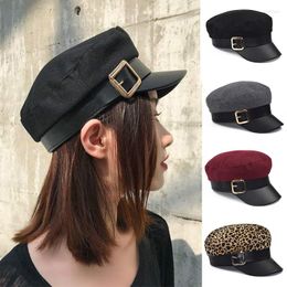 Berets Women Black Military Hats Autumn Winter Fashion Wool Pu Leather Patchwork Sboy Caps With Belt Female Gorras Ladies Beret