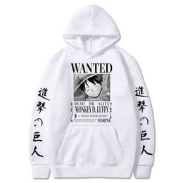 Hoodies capuz One Piece Luffy Anime Ataque no Titan Fleece Pullover Sweetshirts Streetwear roupas de tamanho grande H1227