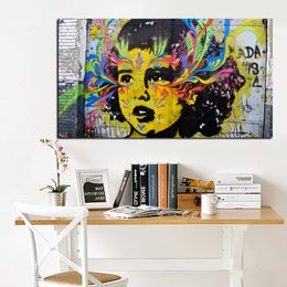 Graffiti Pop Art Watercolor Girl Face Abstract Oil Painting HD Print on Canvas Poster Print Wall Picture for Sofa Cuadros Decor