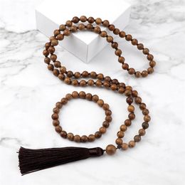 Necklace Earrings Set 8mm Wooden Beads Necklaces Mala Buddhist Bracelets Men Prayer Rosary Sandalwood With Tassel Women Fashion