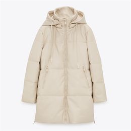 Women's Down Parkas Malina Loose Hooded Fashion Beige PU Leather Coats Side Zipper Split Long Cotton Jackets Ladies 220905