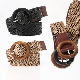 Belts 2022 High Quality Summer Boho Wide Braided Woven Straw Waist Strap With Round Wooden Buckle Belt Decoration Dress Waistband