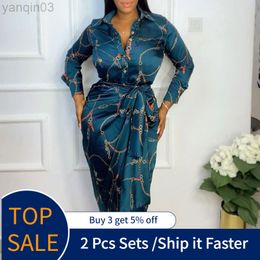 Women's Plus Size Tracksuits 2 Piece Sets Women Lace Up Skirt Fashion Sets Suits Femme Vestiods African Long Sleeves Printed Blouse Elegant Work Plus size L220905