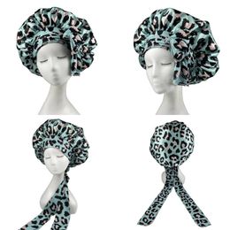 Long Ribbon Satin Leopard Print Night cap Womens Large Hair Care Beauty Sleep Hats Fashion Lace Up Bow Femme Elastic Bonnet