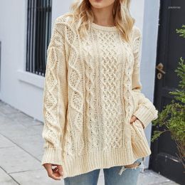 Women's Sweaters Women's Casual Loose Pullover Knitted Sweater Women Autumn And Winter Women's Cable Slit Crew Neck Top Clothes