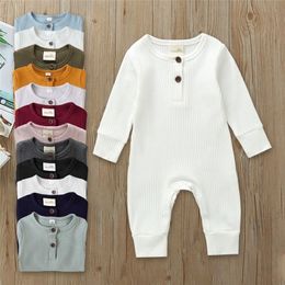 Rompers 018M Unisex born Baby Boy Girl Button Romper Toddler Cotton Solid Colour Knit Ribbed Long Sleeve Jumpsuit Infant Clothing 220905