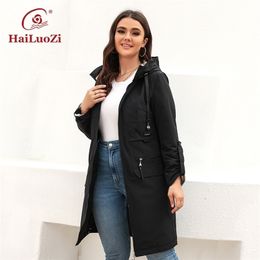 Womens Jackets HaiLuoZi Spring Autumn Hood Zipper Windbreaker Womens MidLength Trench Coat Plus Size Female Big Pockets Outerwear 9663 220902