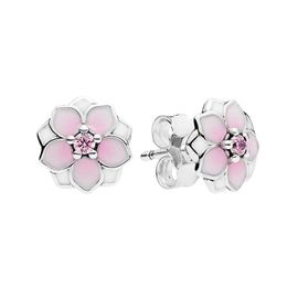 Cute Women Pink Magnolia Stud Earrings Real Sterling Silver Wedding Party Jewellery with Original Box For pandora CZ diamond girlfriend Earring Set