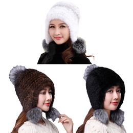 Real Mink Fur Hats For Women Winter Warm Beanie Cap With Three Fox Fur Ball