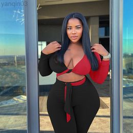 Women's Plus Size Tracksuits Woman Plus Size 2 Piece Set Long Sleeve Crop Top And Pants Leggings Sexy Outfits Large Tracksuit 4xl Wholesale Items dropshipping L220905