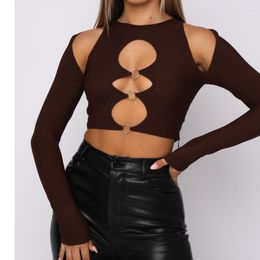 Women's T Shirts Women's T-Shirt Hirigin Spring Women Solid Colour Hollow Adults Sexy Slim-fit Long Sleeve Round Neck Cutout Crop Tops