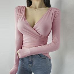 Women's T Shirts Deep V-Neck Sexy Top Pink Woman Clothes 2022 Spring Autumn Long Sleeve Women's T-Shirt Korean Fashion Folds Blouses