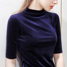 Women's Blouses Women Velvet Clothes Elegant Turtleneck Half Sleeve Shirt Solid Office Work Female Casual Slim Tops -