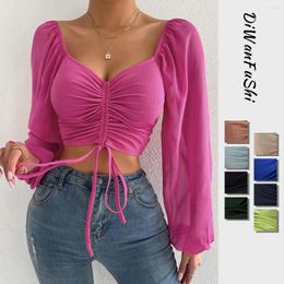 Women's T Shirts 2022 Autumn Simple Solid Colour Raglan Low-cut Drawstring Waistless T-shirt Top Women