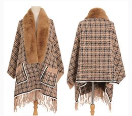 Women's Plaid Knitted Tassel Poncho Shawl Cape With Faux Fur Collar Vintage Classic Cardigan for Winter Fall Plush Size