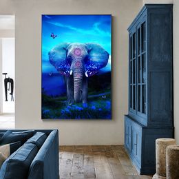 Painting Abstract Blue Elephant On The Green Grass Nordic Cartoon Canvas Posters and Prints Wall Art For Living Room Home Decor