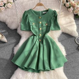 Round neck Bubble sleeves Narrow waist dress A-shaped puffy New French style princess skirt in summer 2023