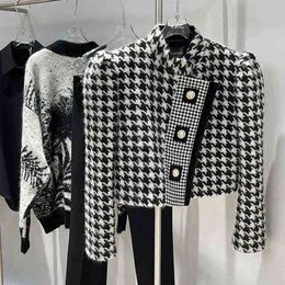 Women's Jackets Fashion Designer Houndstooth Cropped Jacket Women Vintage Pearl Button Luxury Brand Coat Elegant Ladies Party Short Outerwear T220830