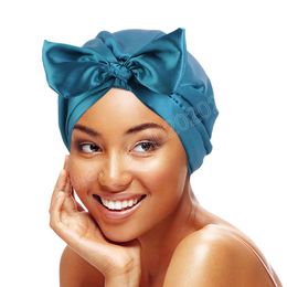 Bowknot Silky Stain Turban Night Sleeping Cap Solid Hair Care Elastic Bonnet With Head Tie Band for Women Shower Make Up Hat