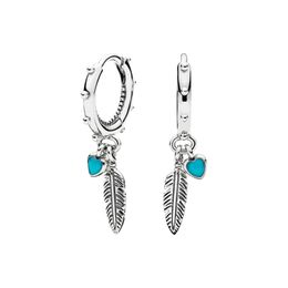 Blue Hearts Feather Hoop Earrings Women's 925 Sterling Silver Wedding Party Jewellery with Original Box For pandora Love Pendant Earring Set
