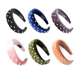 Headband New Fashion Women Hairband Wide Side Thickened Sponge Pearls Headband Classic Solid Colour Turban Autumn Hair Accessories