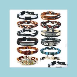 Beaded Strands 12Pcs/Set Retro Leather Bracelets For Women And Men Handmade Diy Woven Set Charm Mtilayer Couple Jewellery D Carshop2006 Dhkcn