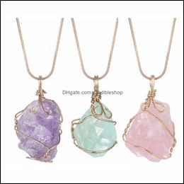 Pendant Necklaces Long Chain Natural Crystal Pendant Necklace Roungh Tumbled Rock Stone Healing Irregar Handmade Yoga Je Dhseller2010 Dhiil