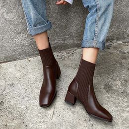 Knitted women's shoes ankle boots chunky heels classic British style elastic non-lace sleeves PU leather casual boots commuting dresses designer models