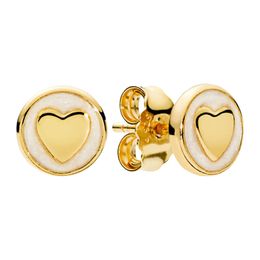 Yellow Gold plated Heart Disc Stud Earring Women's Wedding designer Jewellery with Original Box For pandora Authentic Sterling Silver Earrings