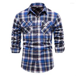 Men's Casual Shirts Smart Plaid Men Autumn Long Sleeve T-Shirts Big Pockets Turn-Down Collar Business US Size S-2Xl Male