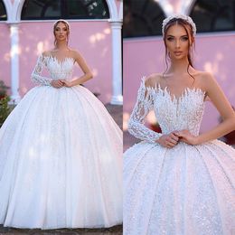 Luxury Ball Gown Wedding Dresses Deep V Neck One Long Sleeve Beads Sequins Appliques Lace Pearls Ruffles Floor Length Bridal Gowns Plus Size robes de soiree