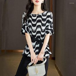 Women's Blouses Women's & Shirts Casual Fashion Wave Pattern Printed Loose Korean 2022 Summer Short Sleeve Bandage Waist Chiffon Shirt