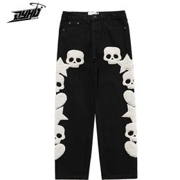 Men's Jeans Vintage Pocket Skull Embroidery Straight Cargo Pants Men And Women Oversize Trousers Harajuku Streetwear Denim 220905