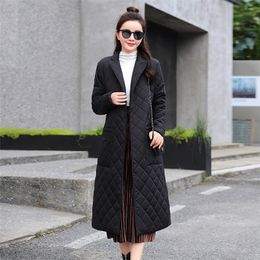 Women's Down Parkas Woman Jacket Belted space cotton diamond plaid Coat down over the Knee Winter Clothing 220919