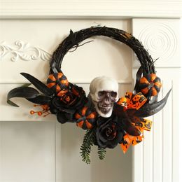 Faux Floral Greenery Halloween Skull Pumpkin Wreath Front Door Hanging Holiday Horror Decorations Haunted House Atmosphere Decorative for Wall Door 220905