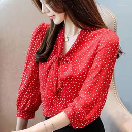 Women's T Shirts 2022 Fashion Women Blouses Spring Polka Dot Pattern Bow Collar Chiffon Three Quarter Sleeve Oversize OL Female Tops