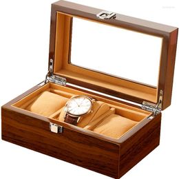 glass watch cases Australia - Watch Boxes Top 3 Box Wood Display Watches Case Brown Holder Safe Jewelry Glass Organizer Packing Storage