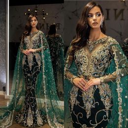 Arabic Evening Dresses Emerald Prom Mermaid Long Sleeve Sparkling Luxury Lace Bridal Modest Dress With Cap BC14284