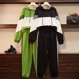 Women's Plus Size Tracksuits 150Kg Plus Size Women Spring Fall Loose Two Piece Bust 149 Striped Sweater Pants Casual Suit Black Green 6XL 7XL 8XL 9XL L220905