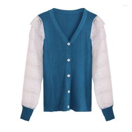 Women's Blouses PERHAPS U Women Blue White Knitted Patchwork Mesh Top Blouse V-neck Single-breasted Long Sleeve Shirt B0713