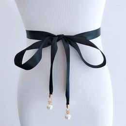 Belts Pearl Pendant Style Prom Dress Belt High Quality Double Sided Satin Sash Thin Bridal Gown Wedding Party Waistbands