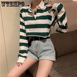 Women's T Shirt Green Striped Polo Collar Long Sleeve Casual Crop Top Cropped Sun Protection Shirt 220830