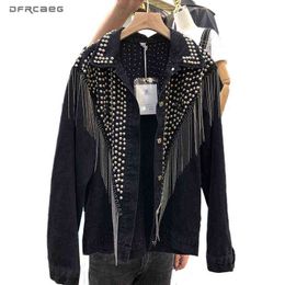 Women's Jackets Black Loose BF Women Denim Jacket With Rivet Chain Tassel 2020 Autumn Long Sleeve Streetwear Ladies Jeans Coat Vintage Outwear T220830