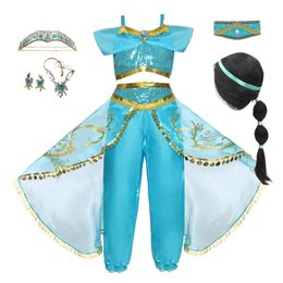 Girl's Dresses Princess Cosplay Dress Up for Girls Kids Halloween Fantasy Carnival Top Pants Arabian Costume 2pcs Set Lace Sleeveless Dresses 220905